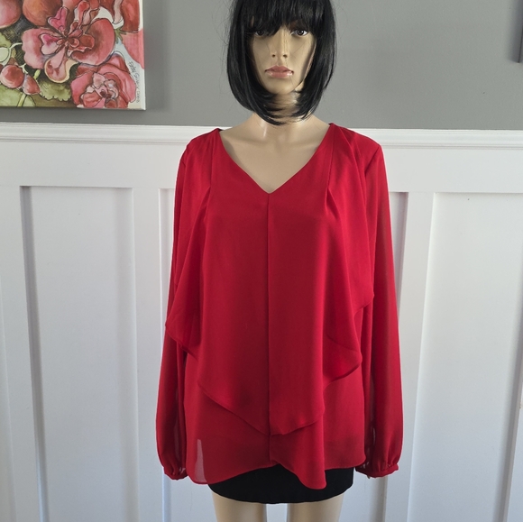 2/25$ Lily Morgan Red Ruffled Long Sleeve Lined Blouse, size L - Picture 2 of 14